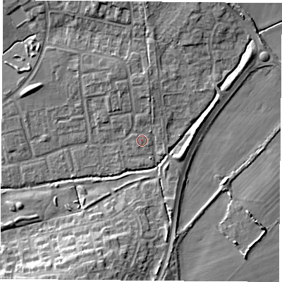 Shaded relief map of the ground around OX47QH, computed from Environment Agency LiDAR. The ground here sits at about 64 m above sea level and falls 11 m across the surrounding 800 m. Surface water reaching this point runs off ground lying to the north, 1.0 m higher.