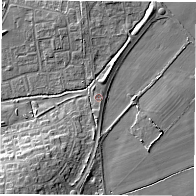 Shaded relief map of the ground around OX47UY, computed from Environment Agency LiDAR. The ground here sits at about 65 m above sea level and falls 12 m across the surrounding 800 m. Surface water reaching this point runs off ground lying to the south, 2.1 m higher.