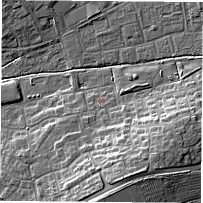 Shaded relief map of the ground around OX47YP, computed from Environment Agency LiDAR. The ground here sits at about 63 m above sea level and falls 17 m across the surrounding 800 m. Surface water reaching this point runs off ground lying to the south-south-east, 11.9 m higher.