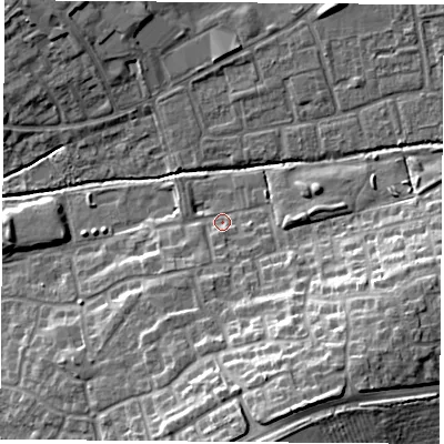 Shaded relief map of the ground around OX47YR, computed from Environment Agency LiDAR. The ground here sits at about 62 m above sea level and falls 17 m across the surrounding 800 m. Surface water reaching this point runs off ground lying to the south-south-east, 13.6 m higher.