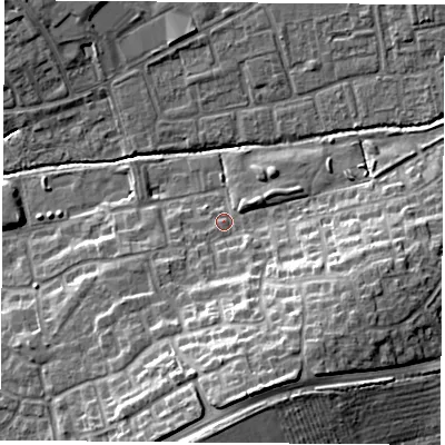Shaded relief map of the ground around OX47YS, computed from Environment Agency LiDAR. The ground here sits at about 63 m above sea level and falls 16 m across the surrounding 800 m. Surface water reaching this point runs off ground lying to the south-south-east, 13.1 m higher.