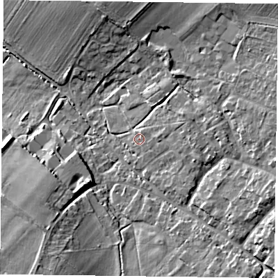 Shaded relief map of the ground around OX495AJ, computed from Environment Agency LiDAR. The ground here sits at about 100 m above sea level and falls 13 m across the surrounding 800 m. Surface water reaching this point runs off ground lying to the east, 2.2 m higher.