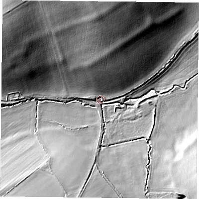 Shaded relief map of the ground around OX495BA, computed from Environment Agency LiDAR. The ground here sits at about 78 m above sea level and falls 28 m across the surrounding 800 m. Surface water reaching this point runs off ground lying to the north, 27.6 m higher.