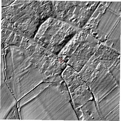 Shaded relief map of the ground around OX495EH, computed from Environment Agency LiDAR. The ground here sits at about 104 m above sea level and falls 15 m across the surrounding 800 m. Surface water reaching this point runs off ground lying to the east-south-east, 9.8 m higher.