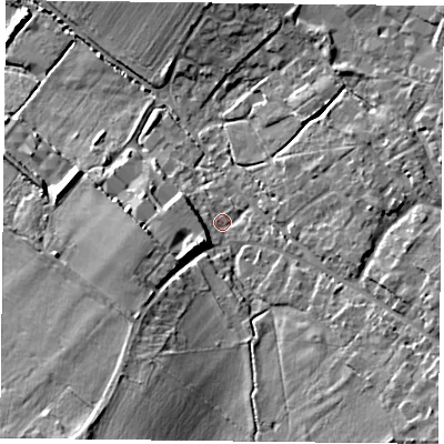 Shaded relief map of the ground around OX495JD, computed from Environment Agency LiDAR. The ground here sits at about 100 m above sea level and falls 14 m across the surrounding 800 m. Surface water reaching this point runs off ground lying to the south-west, 8.5 m higher.