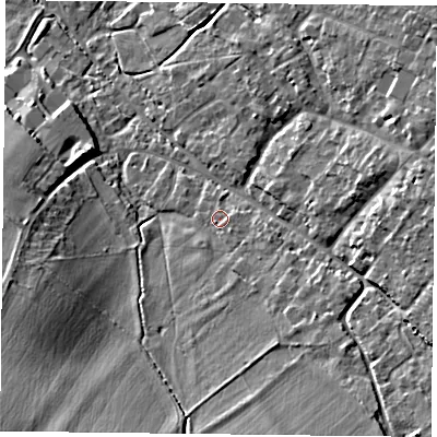 Shaded relief map of the ground around OX495JP, computed from Environment Agency LiDAR. The ground here sits at about 102 m above sea level and falls 15 m across the surrounding 800 m. Surface water reaching this point runs off ground lying to the south-east, 3.2 m higher.