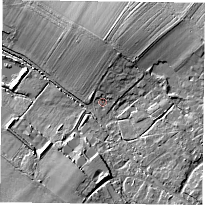 Shaded relief map of the ground around OX495LL, computed from Environment Agency LiDAR. The ground here sits at about 98 m above sea level and falls 14 m across the surrounding 800 m. Surface water reaching this point runs off ground lying to the north, 3.8 m higher.