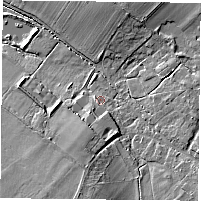 Shaded relief map of the ground around OX495LU, computed from Environment Agency LiDAR. The ground here sits at about 99 m above sea level and falls 16 m across the surrounding 800 m. Surface water reaching this point runs off ground lying to the south-south-west, 6.9 m higher.