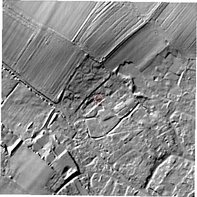 Shaded relief map of the ground around OX495LX, computed from Environment Agency LiDAR. The ground here sits at about 99 m above sea level and falls 14 m across the surrounding 800 m. Surface water reaching this point runs off ground lying to the north-east, 9.9 m higher.