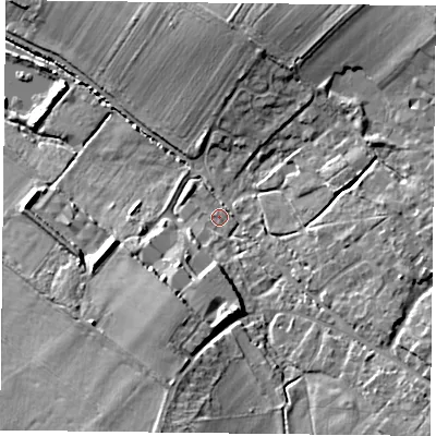 Shaded relief map of the ground around OX495LY, computed from Environment Agency LiDAR. The ground here sits at about 98 m above sea level and falls 15 m across the surrounding 800 m. Surface water reaching this point runs off ground lying to the south-south-west, 10.3 m higher.