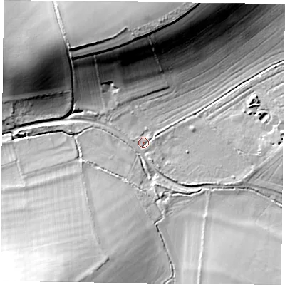 Shaded relief map of the ground around OX495ND, computed from Environment Agency LiDAR. The ground here sits at about 86 m above sea level and falls 30 m across the surrounding 800 m. Surface water reaching this point runs off ground lying to the east, 8.8 m higher.