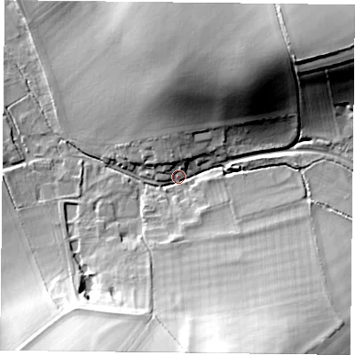 Shaded relief map of the ground around OX495NF, computed from Environment Agency LiDAR. The ground here sits at about 82 m above sea level and falls 31 m across the surrounding 800 m. Surface water reaching this point runs off ground lying to the north-east, 28.7 m higher.
