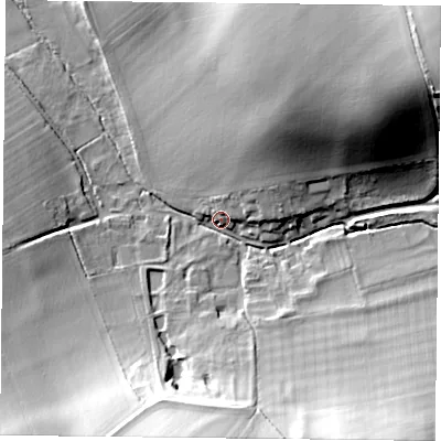 Shaded relief map of the ground around OX495NQ, computed from Environment Agency LiDAR. The ground here sits at about 83 m above sea level and falls 28 m across the surrounding 800 m. Surface water reaching this point runs off ground lying to the north-east, 25.3 m higher.