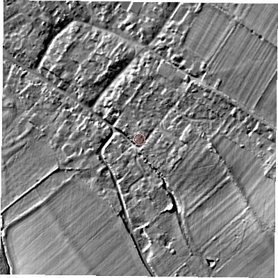 Shaded relief map of the ground around OX495QL, computed from Environment Agency LiDAR. The ground here sits at about 107 m above sea level and falls 17 m across the surrounding 800 m. Surface water reaching this point runs off ground lying to the south-east, 11.6 m higher.