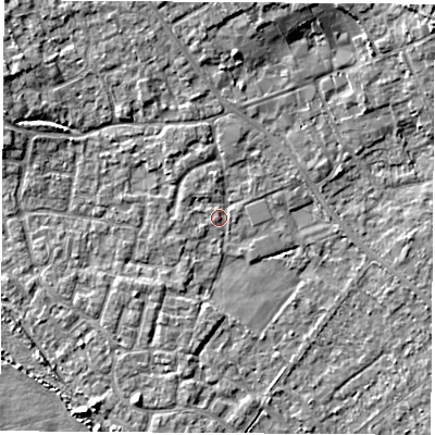 Shaded relief map of the ground around OX51AG, computed from Environment Agency LiDAR. The ground here sits at about 62 m above sea level and falls 6 m across the surrounding 800 m. Surface water reaching this point runs off ground lying to the north-north-west, 1.6 m higher.