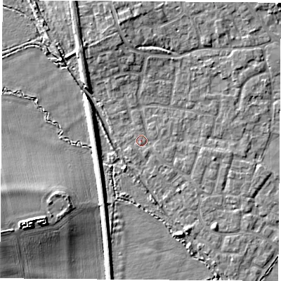 Shaded relief map of the ground around OX51BA, computed from Environment Agency LiDAR. The ground here sits at about 62 m above sea level and falls 9 m across the surrounding 800 m. Surface water reaching this point runs off ground lying to the south-south-east, 0.8 m higher.