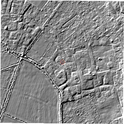Shaded relief map of the ground around OX51ET, computed from Environment Agency LiDAR. The ground here sits at about 61 m above sea level and falls 5 m across the surrounding 800 m. Surface water reaching this point runs off ground lying to the east-north-east, 3.0 m higher.