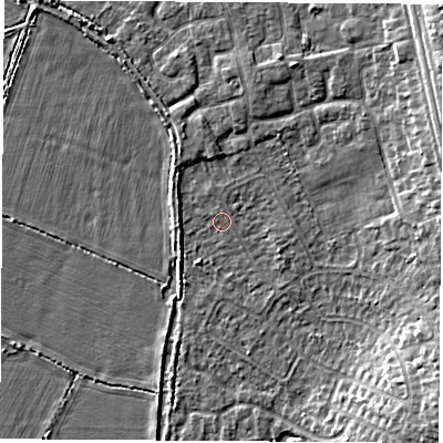 Shaded relief map of the ground around OX51HB, computed from Environment Agency LiDAR. The ground here sits at about 61 m above sea level and falls 7 m across the surrounding 800 m. Surface water reaching this point runs off ground lying to the north, 0.5 m higher.