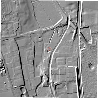 Shaded relief map of the ground around OX51HZ, computed from Environment Agency LiDAR. The ground here sits at about 64 m above sea level and falls 12 m across the surrounding 800 m. Surface water reaching this point runs off ground lying to the south, 2.3 m higher.