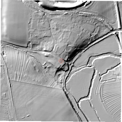 Shaded relief map of the ground around OX51JL, computed from Environment Agency LiDAR. The ground here sits at about 71 m above sea level and falls 24 m across the surrounding 800 m. Surface water reaching this point runs off ground lying to the north, 6.6 m higher.