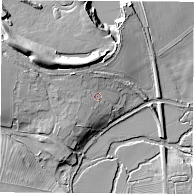 Shaded relief map of the ground around OX51JT, computed from Environment Agency LiDAR. The ground here sits at about 72 m above sea level and falls 28 m across the surrounding 800 m. Surface water reaching this point runs off ground lying to the west-north-west, 6.3 m higher.