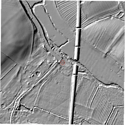 Shaded relief map of the ground around OX51JZ, computed from Environment Agency LiDAR. The ground here sits at about 63 m above sea level and falls 12 m across the surrounding 800 m. Surface water reaching this point runs off ground lying to the west, 2.5 m higher.