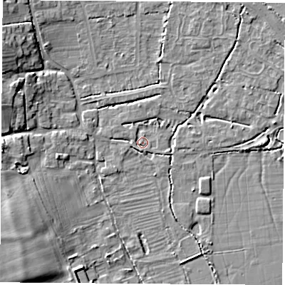 Shaded relief map of the ground around OX51QB, computed from Environment Agency LiDAR. The ground here sits at about 60 m above sea level and falls 9 m across the surrounding 800 m. Surface water reaching this point runs off ground lying to the east-north-east, 1.3 m higher.