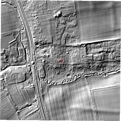 Shaded relief map of the ground around OX51RP, computed from Environment Agency LiDAR. The ground here sits at about 68 m above sea level and falls 11 m across the surrounding 800 m. Surface water reaching this point runs off ground lying to the north-west, 1.3 m higher.