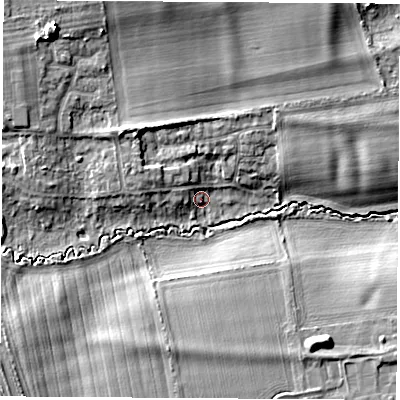Shaded relief map of the ground around OX51RR, computed from Environment Agency LiDAR. The ground here sits at about 66 m above sea level and falls 10 m across the surrounding 800 m. Surface water reaching this point runs off ground lying to the west-north-west, 3.8 m higher.