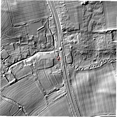 Shaded relief map of the ground around OX51RZ, computed from Environment Agency LiDAR. The ground here sits at about 68 m above sea level and falls 18 m across the surrounding 800 m. Surface water reaching this point runs off ground lying to the south-west, 13.0 m higher.