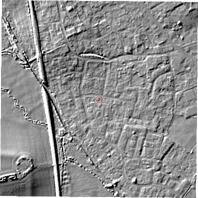 Shaded relief map of the ground around OX51SP, computed from Environment Agency LiDAR. The ground here sits at about 62 m above sea level and falls 9 m across the surrounding 800 m. Surface water reaching this point runs off ground lying to the north-north-west, 4.3 m higher.