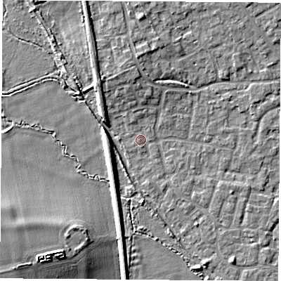 Shaded relief map of the ground around OX51SS, computed from Environment Agency LiDAR. The ground here sits at about 62 m above sea level and falls 9 m across the surrounding 800 m. Surface water reaching this point runs off ground lying to the north, 2.5 m higher.
