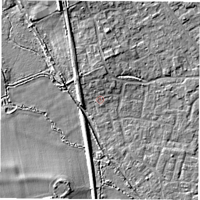 Shaded relief map of the ground around OX51ST, computed from Environment Agency LiDAR. The ground here sits at about 63 m above sea level and falls 8 m across the surrounding 800 m. Surface water reaching this point runs off ground lying to the north, 2.5 m higher.
