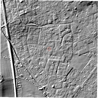 Shaded relief map of the ground around OX51SU, computed from Environment Agency LiDAR. The ground here sits at about 62 m above sea level and falls 6 m across the surrounding 800 m. Surface water reaching this point runs off ground lying to the south-south-east, 1.2 m higher.
