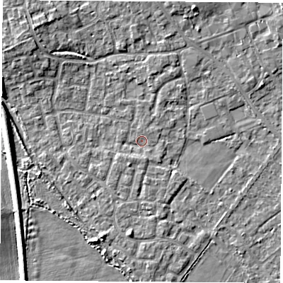 Shaded relief map of the ground around OX51TL, computed from Environment Agency LiDAR. The ground here sits at about 62 m above sea level and falls 5 m across the surrounding 800 m. Surface water reaching this point runs off ground lying to the south-south-west, 1.1 m higher.