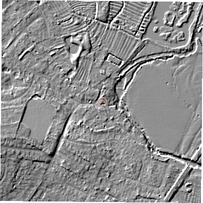 Shaded relief map of the ground around OX52EG, computed from Environment Agency LiDAR. The ground here sits at about 61 m above sea level and falls 8 m across the surrounding 800 m. Surface water reaching this point runs off ground lying to the west-south-west, 5.7 m higher.