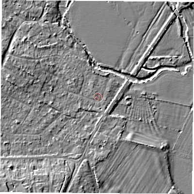 Shaded relief map of the ground around OX52JJ, computed from Environment Agency LiDAR. The ground here sits at about 61 m above sea level and falls 9 m across the surrounding 800 m. Surface water reaching this point runs off ground lying to the south-west, 7.7 m higher.