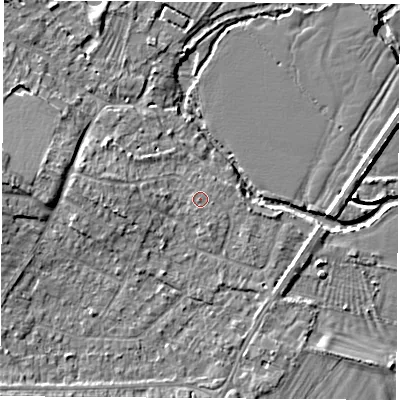 Shaded relief map of the ground around OX52JW, computed from Environment Agency LiDAR. The ground here sits at about 61 m above sea level and falls 7 m across the surrounding 800 m. The ground contributing surface water to this point lies to the south-south-west.