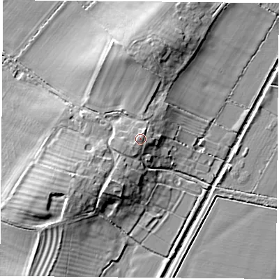 Shaded relief map of the ground around OX52RA, computed from Environment Agency LiDAR. The ground here sits at about 66 m above sea level and falls 9 m across the surrounding 800 m. Surface water reaching this point runs off ground lying to the north-east, 1.1 m higher.