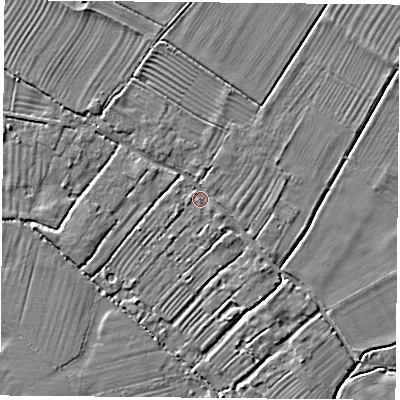 Shaded relief map of the ground around OX52RE, computed from Environment Agency LiDAR. The ground here sits at about 60 m above sea level and falls 3 m across the surrounding 800 m. Surface water reaching this point runs off ground lying to the east-north-east, 2.6 m higher.