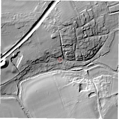Shaded relief map of the ground around OX52SZ, computed from Environment Agency LiDAR. The ground here sits at about 60 m above sea level and falls 17 m across the surrounding 800 m. Surface water reaching this point runs off ground lying to the north, 11.7 m higher.