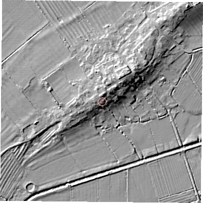 Shaded relief map of the ground around OX52UQ, computed from Environment Agency LiDAR. The ground here sits at about 64 m above sea level and falls 9 m across the surrounding 800 m. Surface water reaching this point runs off ground lying to the north-east, 3.7 m higher.