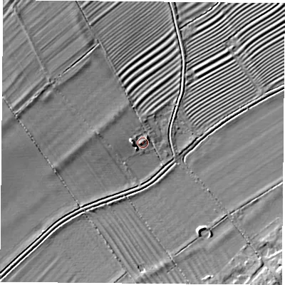 Shaded relief map of the ground around OX52UX, computed from Environment Agency LiDAR. The ground here sits at about 62 m above sea level and falls 5 m across the surrounding 800 m. Surface water reaching this point runs off ground lying to the west, 2.4 m higher.