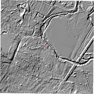 Shaded relief map of the ground around OX52XJ, computed from Environment Agency LiDAR. The ground here sits at about 61 m above sea level and falls 6 m across the surrounding 800 m. Surface water reaching this point runs off ground lying to the west, 5.7 m higher.