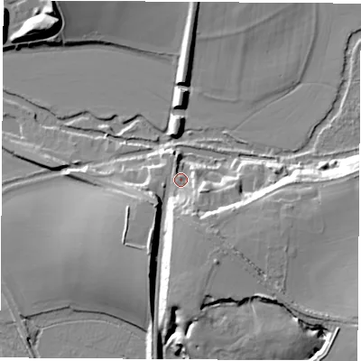 Shaded relief map of the ground around OX53AX, computed from Environment Agency LiDAR. The ground here sits at about 72 m above sea level and falls 18 m across the surrounding 800 m. Surface water reaching this point runs off ground lying to the south-south-east, 11.2 m higher.