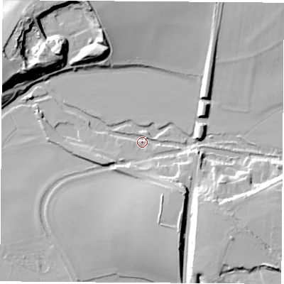 Shaded relief map of the ground around OX53AY, computed from Environment Agency LiDAR. The ground here sits at about 66 m above sea level and falls 25 m across the surrounding 800 m. Surface water reaching this point runs off ground lying to the south-south-west, 6.3 m higher.