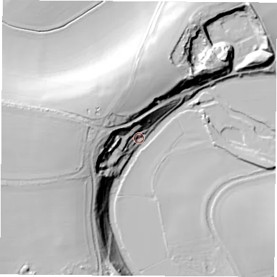 Shaded relief map of the ground around OX53AZ, computed from Environment Agency LiDAR. The ground here sits at about 66 m above sea level and falls 30 m across the surrounding 800 m. Surface water reaching this point runs off ground lying to the west-north-west, 29.2 m higher.