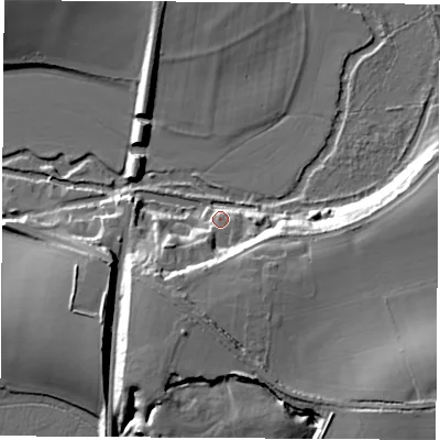 Shaded relief map of the ground around OX53FQ, computed from Environment Agency LiDAR. The ground here sits at about 71 m above sea level and falls 22 m across the surrounding 800 m. Surface water reaching this point runs off ground lying to the south-south-west, 15.8 m higher.