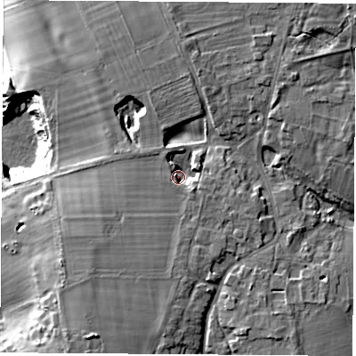 Shaded relief map of the ground around OX53HW, computed from Environment Agency LiDAR. The ground here sits at about 99 m above sea level and falls 24 m across the surrounding 800 m. Surface water reaching this point runs off ground lying to the south-east, 4.5 m higher.