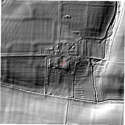 Shaded relief map of the ground around OX53JA, computed from Environment Agency LiDAR. The ground here sits at about 96 m above sea level and falls 14 m across the surrounding 800 m. Surface water reaching this point runs off ground lying to the west-north-west, 2.1 m higher.